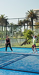 Game, padel and teamwork with people on court together for competition, practice or training. Exercise, fitness and sports with team playing tennis outdoor for challenge, performance or tournament