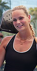 Face, athlete and woman with racket for padel with fitness pride, exercise and match practice. Portrait, female person and gear for tennis games, sports challenge and confident with tournament skills