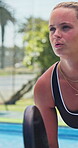 Ready, athlete and padel with woman on court for fitness, tournament club and workout. Competition match, contest training and tennis player or person outdoor for exercise, challenge and sports