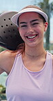 Padel, arms crossed and face with woman on court for competition training, game tournament or workout. Tennis player, sports athlete and challenge with person on outdoor turf for contest and exercise