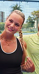 Tennis team, smile and selfie on court for tournament memory, social media post or practice. Exercise, group and people together for workout at fitness club for game training or sport profile picture