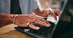 Man, hands or typing in office with laptop for online jewelry shop, ecommerce or market research. Creative, person or browse in small business with computer for popular ring design, ideas and trends.