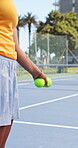 Hands, tennis and woman with balls on court for serve practice, game technique and exercise. Sport player, athlete and equipment at health club for performance workout, match fitness and coordination