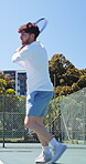 Game, tennis and fitness with man on court for competition training, workout and sports athlete. Contest challenge, padel player and tournament club with person outdoor for exercise and match