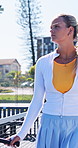 Fitness, thinking and walking with woman on tennis court for start of competition or tournament. Exercise, sports and training with athlete or player outdoor for performance or workout planning