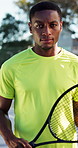 Face, fitness and racket with black man on tennis court for challenge, competition or tournament. Exercise, sports and training with African athlete or player outdoor for start of workout session