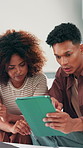Tablet, couple and document for budget in home, mortgage application and savings. African man, woman and technology for financial discussion, asset management and investment planning with paperwork