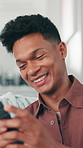 Texting, smile or black man on sofa with phone, online conversation or checking notification on dating app. Happy, flare or male person in house with tech, romance match or chatting in partner search