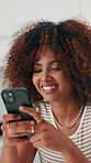 Texting, laugh or black woman in home with phone, online conversation or checking notification on dating app. Happy, typing or girl in house with tech, romance match or chatting in partner search.