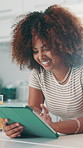 Tablet, laugh and woman in house for internet communication, reading news and funny meme. Technology, home and happy African person online, scroll website and social media for joke in kitchen