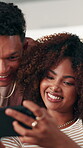 Phone, scroll and relax with couple on sofa in home for social media, comment and relationship update. Streaming, love and connection with man and woman in living room of house for smile together