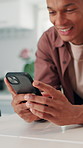 Smartphone, hands and man in home for typing text, reading message or online communication. Mobile, house and happy person on internet, contact and chat for networking on social media in kitchen