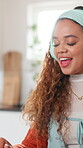 Music, dance and smile with woman in home for streaming service, student and audio playlist. Radio subscription, study break and headphones with person listening in apartment for energy and song 
