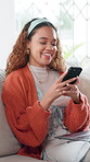 Home, relax and happy woman on couch, smartphone and typing with social media, internet and laptop. Apartment, tech and person on sofa, cellphone or online chatting with digital app and communication