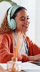 Headphones, dance and laptop with woman in home for streaming service, student and audio playlist. Radio subscription, study break and music with person listening in apartment for energy and song 