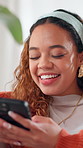 Typing, happy and woman in home with phone for social media, online message and funny chat. Relax, living room and person on smartphone laughing for internet joke, website or connection on weekend