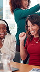 Woman, celebration and applause at startup on laptop, office meeting or success for team at media company. Person, group and excited with achievement, goal or smile with high five at creative agency