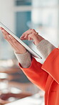 Tablet, research and hands of business woman in office for social media campaign, contact and project. Branding, planning and seo marketing with person in creative agency for chat and feedback