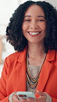 Phone, research and face of business woman in office for social media campaign, contact and project. Branding, planning and seo marketing with person in creative agency for chat and feedback