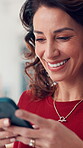 Phone, research and happy with business woman in office for social media campaign, contact or project. Branding, planning and seo marketing with mature person in creative agency for chat and feedback