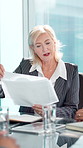Business, woman and meeting with documents in office for accounting with data analysis. Mature person, team and paperwork with finance statistics, budget review and evaluation for company performance