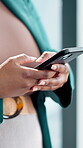 Hands, business woman and typing with phone for text message, email response and feedback. Professional, employee and smartphone in office for corporate networking, mobile chat and schedule update