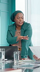 Business woman, presentation and meeting with laptop for corporate strategy, ideas or proposal. Female person, speaker or conversation with team for company planning, agenda or project in office