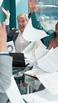 Documents in air, applause and business people in meeting with success, good news and finance goals. Corporate, office and workers with paperwork for financial growth, teamwork and investment profit