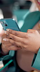Hands, typing and business woman on smartphone in office for social media, networking or internet post. Online, scroll and employee at accounting agency for conversation, texting or notification