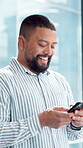 Texting, business man and laughing with phone for investment meme, finance advice and email. Financial advisor, person and happy with chat at office window for funny client and appointment schedule