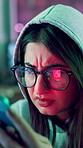 Confused, scam and woman with phone in dark for online fraud, cybersecurity fail and hacking. Reflection, glasses and person on smartphone with spam notification, website error and phishing at night