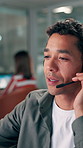 Communication, headset or man in call center for telemarketing, customer service or sales pitch at night. Coworking, lead generation or representative with mic for client offer, talking or late shift