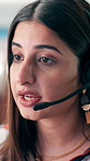 Call center, talk or Indian woman in office with headset, contact us or communication in customer service. Closeup, telecom or consultant in agency with tech, advisory or support in client assistance