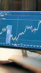 Stock market, empty and computer screen in office for trading with dashboard for graphs of finance. Charts, fintech and technology with data for financial investment with statistics in workplace.