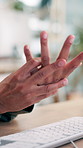 Keyboard, injury and businessman in office with hand pain, arthritis or carpal tunnel for typing fatigue. Osteoporosis, accident and male person with muscle sprain, ache or inflammation in workplace.