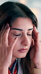 Woman, headache and massage in office with burnout from marketing crisis, campaign fail or mistake. Migraine, exhausted or female person with advertising compliance issue, reputation risk or problem.