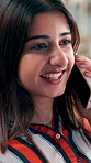 Phone call, conversation or Indian woman in office with smile, proposal offer or chatting with client. Digital, networking or employee in agency with tech, feedback or deal in online communication.