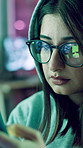 Dark, hacker and woman with phone in office for cybersecurity, user interface and mobile app. Research, programmer and person on smartphone for website security, data protection and coding at night
