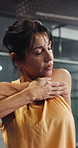 Gym, breathwork or woman with arm stretching for fitness, wellness practice or workout preparation. Sport club, warm up exercise or mature person with exhale for body mobility, start or getting ready