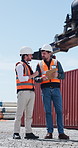 Shipping yard, talking and men with clipboard for distribution, supply chain and inventory list. Meeting, teamwork and people with paperwork for logistics, delivery schedule and freight inspection