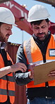 Shipping yard, meeting and men with clipboard for distribution, supply chain and inventory list. Talking, teamwork and people with paperwork for logistics, delivery schedule and freight inspection