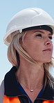 Woman, construction worker and thinking outdoor for inspection, helmet and property development. Person, site manager and technician with safety check, insight and building project for real estate