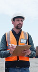 Construction site, man or manager writing for inspection, safety compliance or development check. Project management, outdoor or worker with progress report for space, clipboard or quality control