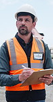 Construction, outdoor or manager writing for inspection, safety compliance or development check. Project management, outdoor or man with site progress report, clipboard or building quality control