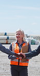 Woman, team and shaking hands at construction site, happy and onboarding with infrastructure deal. People, group and handshake with space, success and welcome with contractor for building project