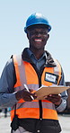 Man, face and clipboard for logistics, outdoor and smile with helmet, survey and notes at shipping company. Person, paperwork and admin with list, inspection or inventory management for supply chain