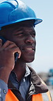 Construction, builder or black man with phone call for negotiation, material delivery or progress info. Talk, outdoor or worker with tech for resources management, project development or site update