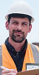Construction, face or happy man with clipboard for inspection, safety checklist or project development. Portrait, smile or manager review list for property management, outdoor or building contractor