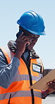 Construction, clipboard or black man with phone call for negotiation, material delivery or progress info. Document, tech or worker talk for resources management, project development update or outdoor