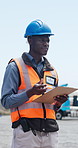 Construction, clipboard or black man thinking for site inspection, safety protocol or development check. Project management, outdoor or worker writing for progress report, quality control or space